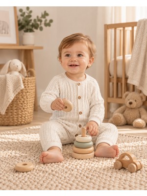 Belirtilmemiş %100 Pamuk Erkek Bebek Triko Tulum – Düğmeli, Örgü Desenli, Uzun Kollu, Yumuşak Dokulu Kışlık Bebek Tulumu 6-24 Ay, Krem Bej Gri Renk Seçenekli