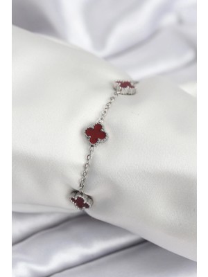 Trendexa 316L Çelik Gümüş Renk Bordo Baby Boy Yonca Kadın Bileklik