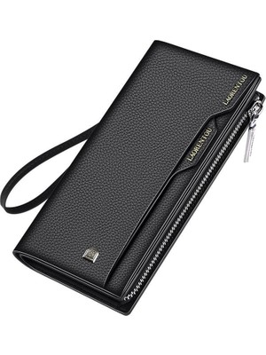 Laorentou Hakiki İtalyan Deri Uzun Erkek Clutch Cüzdan Siyah Fermuarlı Kartlık Özellikli