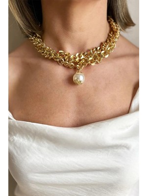 Sose Moda Büyük Inci Detaylı Üçlü Choker Kolye
