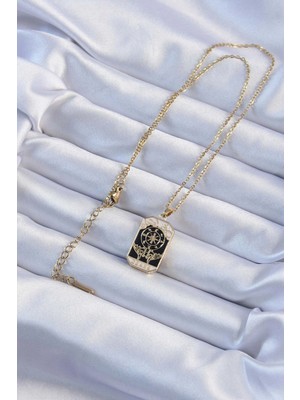 Trendexa 316L Çelik Zincir Gold Renk Işlemeli Siyah Mineli Tarot Kolye
