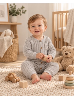 Belirtilmemiş %100 Pamuk Erkek Bebek Triko Tulum – Düğmeli, Örgü Desenli, Uzun Kollu, Yumuşak Dokulu Kışlık Bebek Tulumu 6-24 Ay, Krem Bej Gri Renk Seçenekli