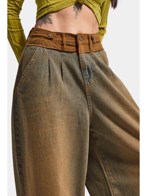 It's Basic Kadın Kahve Kot 2W6-85 Palazzo Fit Kemer Detaylı Özel Tasarım Denim Jean