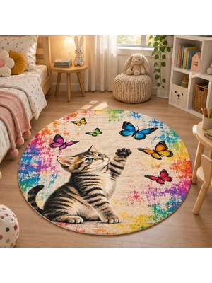 Pati Dostu Kedi Desenli Dijital Baskı Pamuk Dokuma Kaymaz Taban Salon Halısı ve Çocuk-Genç Odası