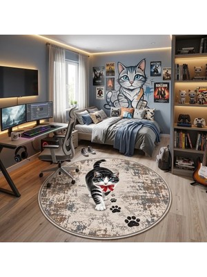 Pati Dostu Kedi Desenli Dijital Baskı Pamuk Dokuma Kaymaz Taban Salon Halısı ve Çocuk-Genç Odası