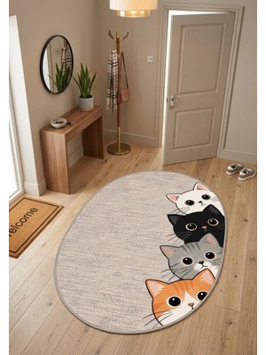 Pati Dostu Kedi Desenli Dijital Baskı Pamuk Dokuma Kaymaz Taban Salon Halısı ve Çocuk-Genç Odası