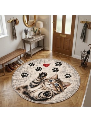 Pati Dostu Kedi Desenli Dijital Baskı Pamuk Dokuma Kaymaz Taban Salon Halısı ve Çocuk-Genç Odası