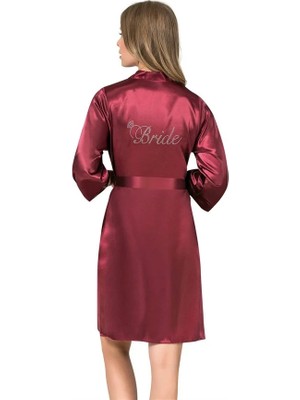 Luvecia Şık Tasarım Yumuşak Dokulu Bordo Kısa Saten Bride Sabahlık - LUV5718-4198