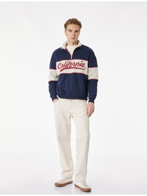 Koton Oversize Şardonlu Renk Bloklu Kolej Baskılı Yarım Fermuarlı Sweatshirt
