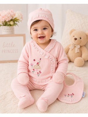Belirtilmemiş %100 Pamuklu Yenidoğan Kız Bebek 5'li Hastane Çıkışı Seti %100 Pamuk Waffle Nakışlı Pembe Zıbın Takımı