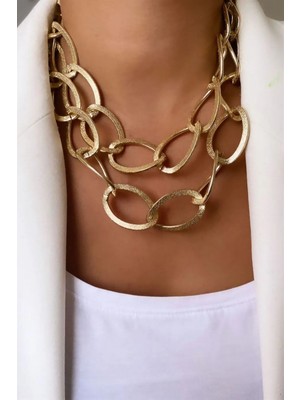 Sose Moda Kalın Halka Model Gold Renk Ikili Zincir Kolye