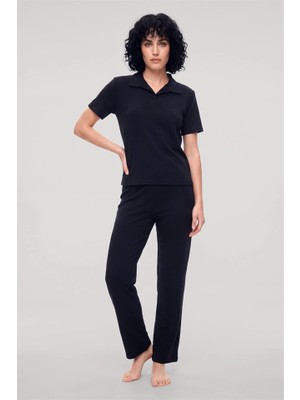 Bemy Store Özel Tasarım Kadın Lacivert Polo Yaka Pijama Takımı %100 Pamuk