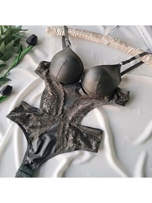 Ellovia Haki Deri Görünümlü Dantel Detaylı Destekli Bodysuit