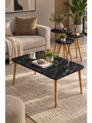 Sulorahome Siyah Tablalı ve Ahşap Torna Ayaklı 4'lü Sehpa Seti