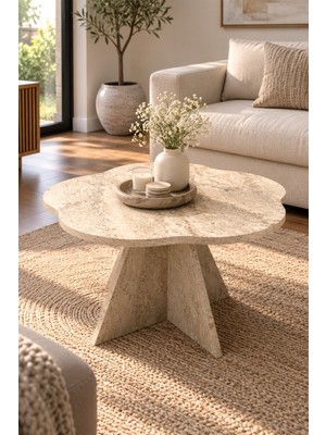 Sulorahome Çiçek Formlu Traverten Desenli Bej Orta Sehpa 70 cm