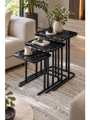Sulorahome 3'lü Zigon Sehpa Seti Siyah Mermer Desenli Metal Ayaklı