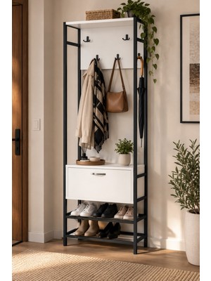 Sulorahome Metal Portmanto Beyaz ve Siyah Renklerde 180 cm Yükseklikte Ayakkabılıklı Vestiyer