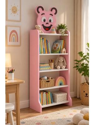 Sulorahome Happy Face Figürlü Pembe Çocuk Kitaplığı ve Oyuncak Düzenleyici
