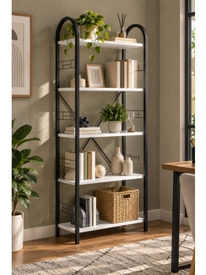 Sulorahome Beyaz Metal Iskeletli 5 Raflı Kitaplık ve Dekoratif Raf Ünitesi
