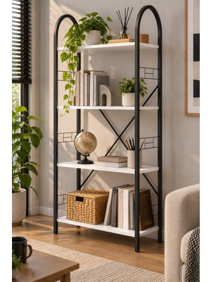 Sulorahome Beyaz Metal Iskeletli 4 Raflı Çok Amaçlı Kitaplık ve Raf Ünitesi 150 cm