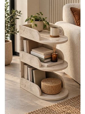 Sulorahome Ekru Traverten Desenli Yan Sehpa 60X43 cm