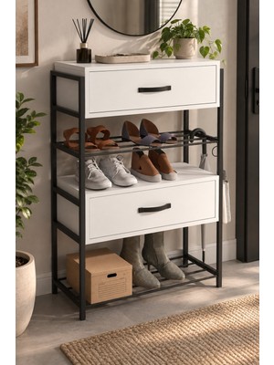 Sulorahome Beyaz Kapaklı Metal Gövdeli Ayakkabılık Dresuar