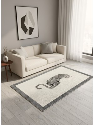 Brillant Leopar Desen Krem Gri Çerçeve Lateks Deri Taban Halı