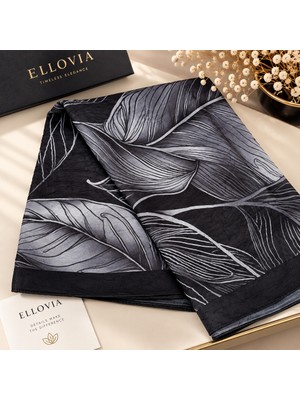 Ellovia Siyah Yaprak Desenli Ipek Eşarp
