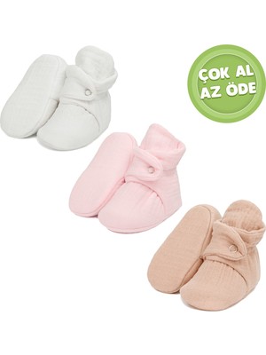 Ella Bonna Organik Pamuk Müslin Bebek Patiği, Yenidoğan Pandufu, Krem,pembe,bej 3'lü Paket