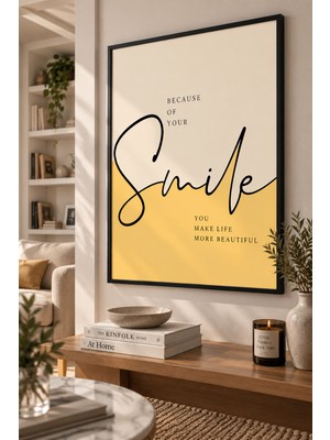 Pegziz Smile Yazılı Çerçeveli Tablo – Sarı Krem Motivasyon Sözlü Minimalist Modern Duvar Dekoru