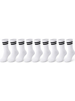 Unisex Beyaz Çorap Siyah Çizgili 9'lu Set Uzun Soket Günlük Spor Kolej Stil Kadın Erkek Çorabı