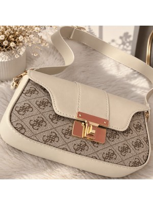 Ellovia Krem Desenli Mini Baguette Çanta
