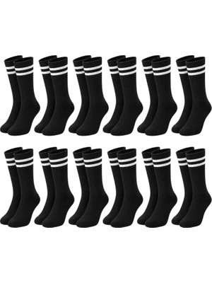 Unisex Siyah Çorap Beyaz Çizgili 12'li Set Uzun Soket Günlük Spor Kolej Stil Kadın Erkek Çorabı