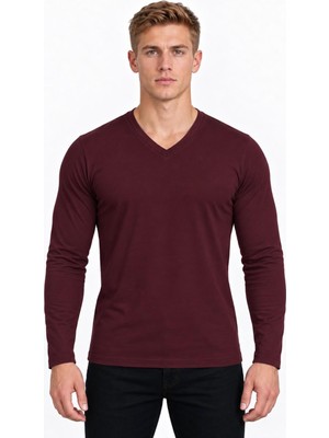Axxel Erkek Koyu Bordo Pamuklu Likralı Süprem Uzun Kollu T-SHIRT-D236