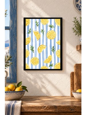 Onyx Lab Onyxlab Çizgili Zeminde Limonlar Desenli Dekoratif Mdf Tablo, Çerçeve Görünümlü Ahşap Poster