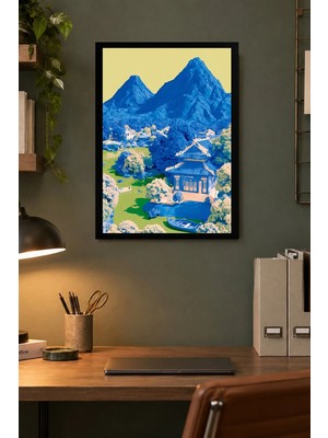 Onyx Lab Onyxlab Mavi Dağlar ve Dağ Köyü Desenli Dekoratif Mdf Tablo, Çerçeve Görünümlü Ahşap Poster