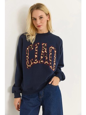 Juuuj Lacivert Pamuklu Karışım Bisiklet Yaka Düşük Omuz Leopar Baskılı Üç Iplik Sweatshirt