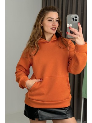 Juuuj Turuncu Üç Iplik Şardonlu Kumaş Kapişonlu Yaka Esnek Dokulu Kanguru Cepli Sweatshirt