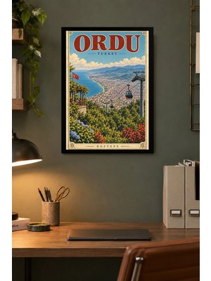 Onyx Lab Onyxlab Kıyı Körfezi ve Teleferik Illüstrasyonu Desenli Dekoratif Mdf Tablo, Çerçeve Görünümlü Ahşap Poster