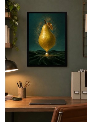 Onyx Lab Onyxlab Altın Armut ve Dalga Desenli Dekoratif Mdf Tablo, Çerçeve Görünümlü Ahşap Poster