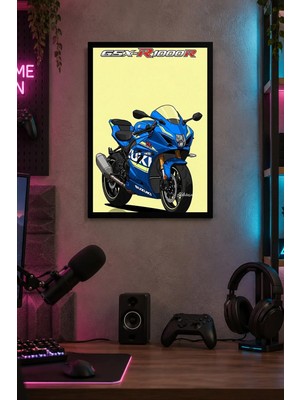 Onyx Lab Onyxlab Mavi Spor Motosikleti Desenli Dekoratif Mdf Tablo, Çerçeve Görünümlü Ahşap Poster
