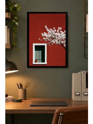 Onyx Lab Onyxlab Beyaz Çiçekli Kırmızı Zemin Desenli Dekoratif Mdf Tablo, Çerçeve Görünümlü Ahşap Poster