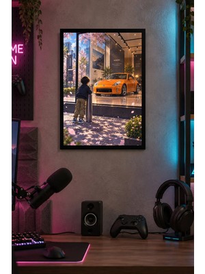 Onyx Lab Onyxlab Turuncu Otomobil ve Çocuk Desenli Dekoratif Mdf Tablo, Çerçeve Görünümlü Ahşap Poster
