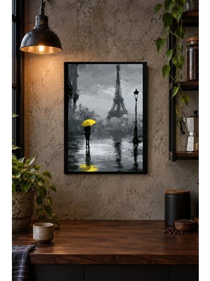 Onyx Lab Onyxlab Yağmurlu Kent ve Sarı Şemsiye Desenli Dekoratif Mdf Tablo, Çerçeve Görünümlü Ahşap Poster