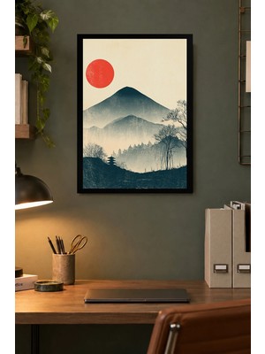 Onyx Lab Onyxlab Kırmızı Güneşli Dağ Silüeti Desenli Dekoratif Mdf Tablo, Çerçeve Görünümlü Ahşap Poster