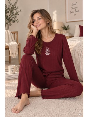 Koza İç Giyim Kadın %100 Pamuklu Ribana Baskılı Uzun Kollu Pijama Takımı