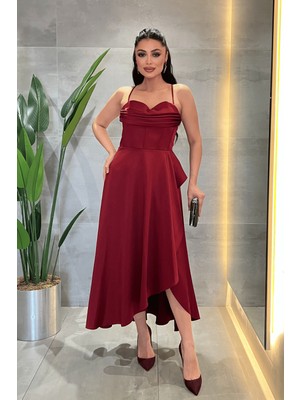 Giyimmasalı Saten Kumaş Degaje Yaka Midi Elbise - BORDO-GYM-577