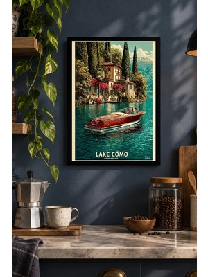 Onyx Lab Onyxlab Göl ve Tekne Vintage Illüstrasyonu Desenli Dekoratif Mdf Tablo, Çerçeve Görünümlü Ahşap Poster