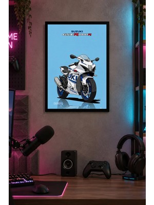 Onyx Lab Onyxlab Beyaz Mavi Spor Motosikleti Desenli Dekoratif Mdf Tablo, Çerçeve Görünümlü Ahşap Poster