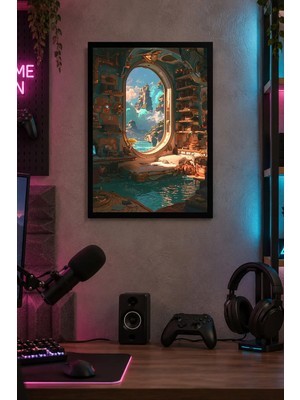 Onyx Lab Onyxlab Turkuaz Manzaralı Fantastik Kemer Desenli Dekoratif Mdf Tablo, Çerçeve Görünümlü Ahşap Poster